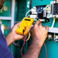 shoulder shot electrical engineer or repairman checking connection using Voltmeter on power distribution board at industrial company - concept of skilled professionals, repair and maintenance service